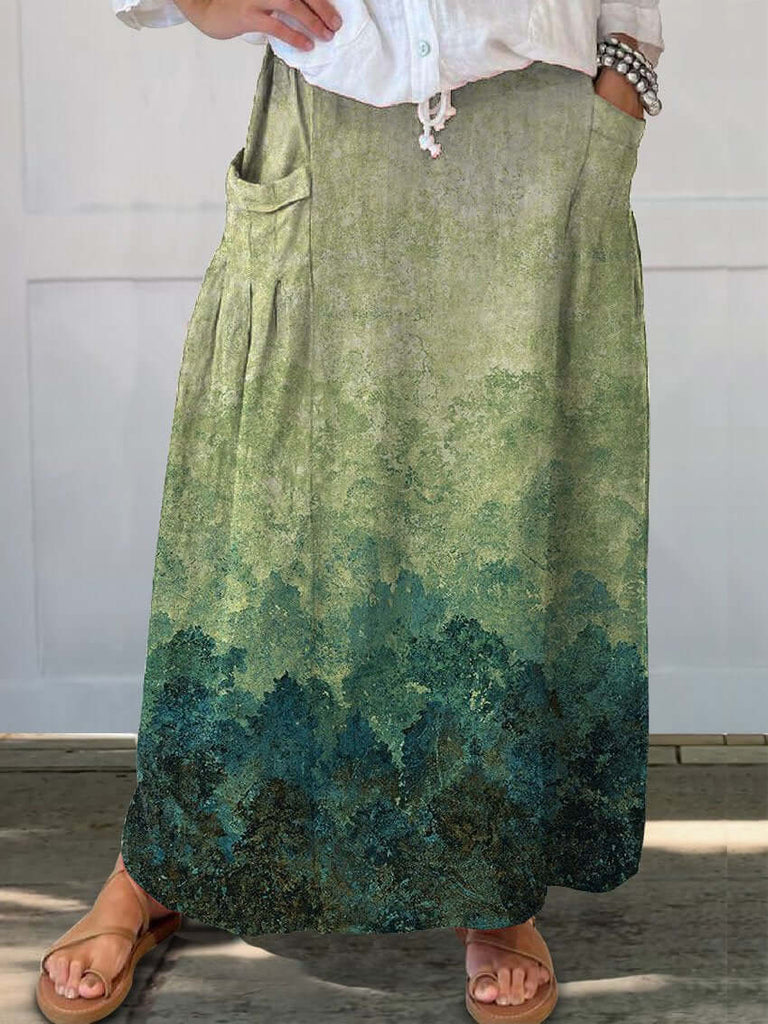 Women's Retro Gradient Painting Art Pattern Print Linen Pocket Skirt-DESTINY