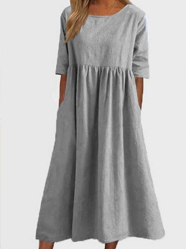 Cotton And Linen-like - Casual Short Sleeve Pocket Pleated Loose Round Neck Dress-DESTINY