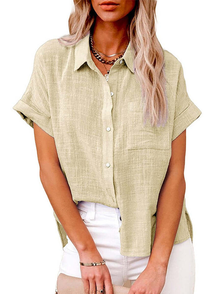 Women's Solid Color Button Down Short Sleeve Shirt-DESTINY