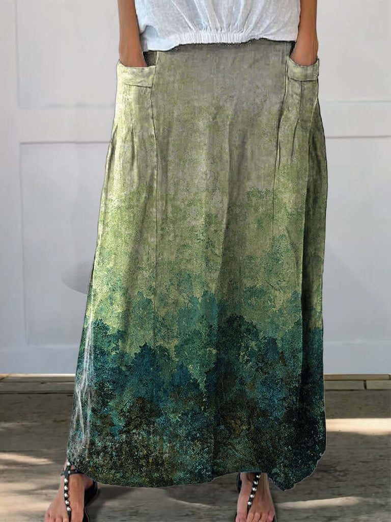 Women's Retro Gradient Painting Art Pattern Print Linen Pocket Skirt-DESTINY