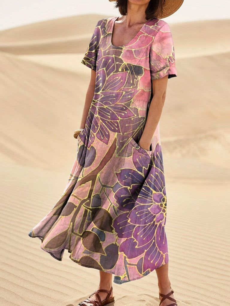 Purple Large Flower Print Women's Linen Pocket Dress-DESTINY