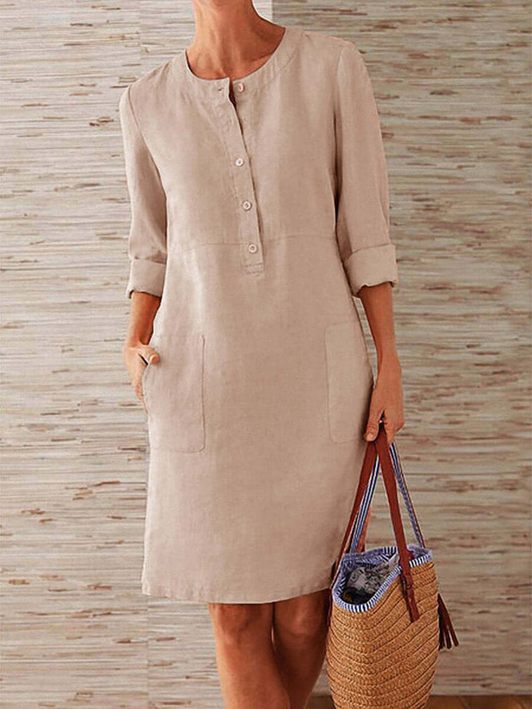 Spring Cotton And Linen Round Neck Long Sleeve Dress-DESTINY