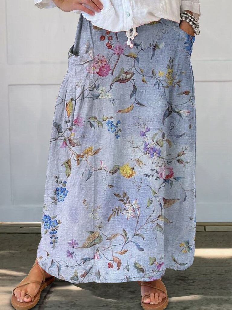 Elegant Vintage Blue Print Women's Linen Pocket Skirt-DESTINY