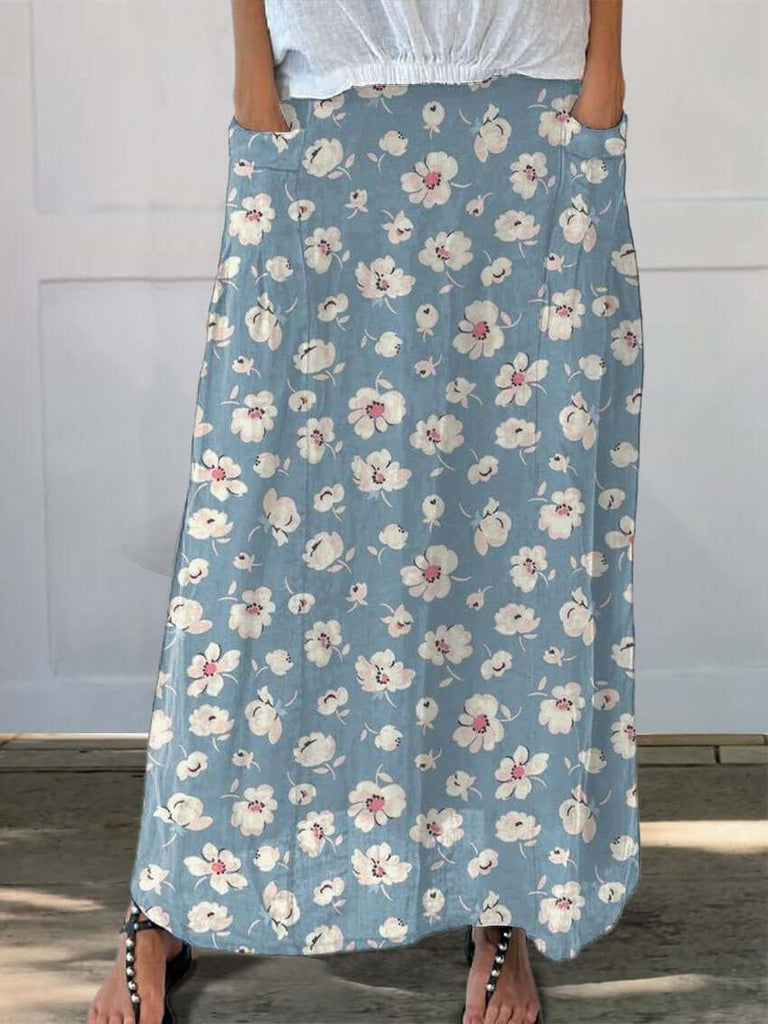 Ditsy White Floral Repeat Pattern Printed Women's Linen Pocket Skirt-DESTINY