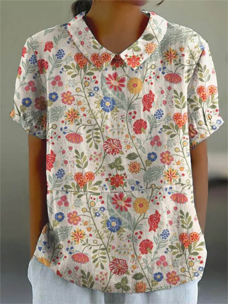 Women's Pastoral Floral Art Print Casual Cotton And Linen Shirt-DESTINY