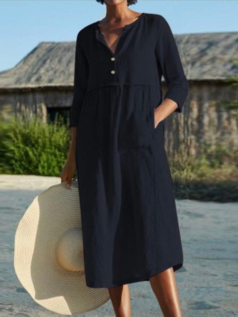 Cotton and Linen Mid-sleeve Dress-DESTINY