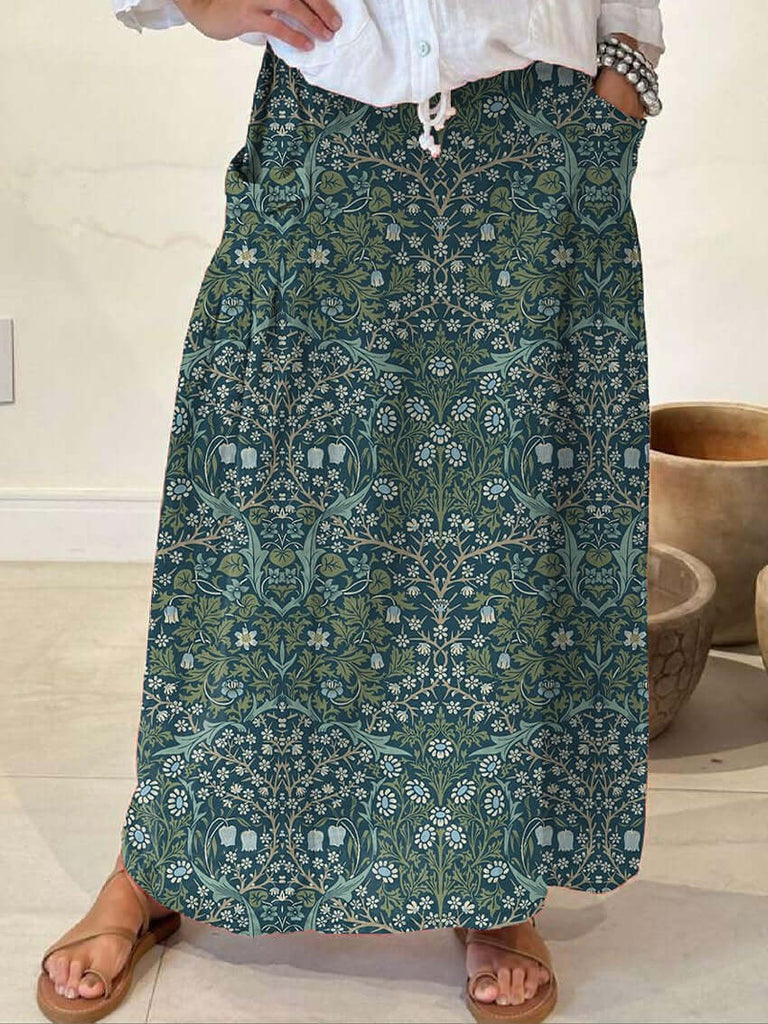 Women's Green Floral Linen Pocket Skirt-DESTINY