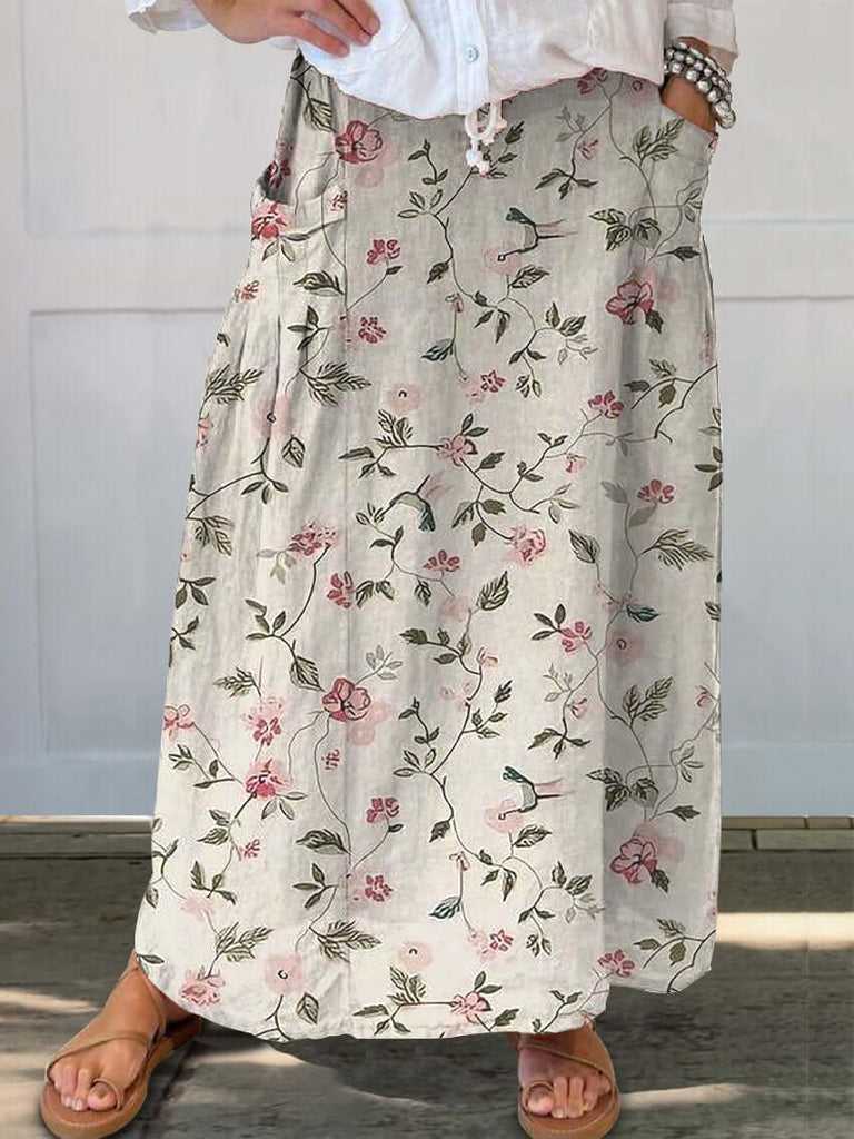 Spring Floral And Hummingbird Repeat Pattern Printed Women's Linen Pocket Skirt-DESTINY