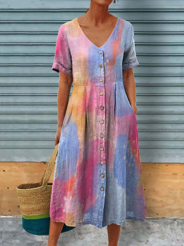 Women's Artistic Graffiti Colors Linen Pocket Tunic Dress-DESTINY