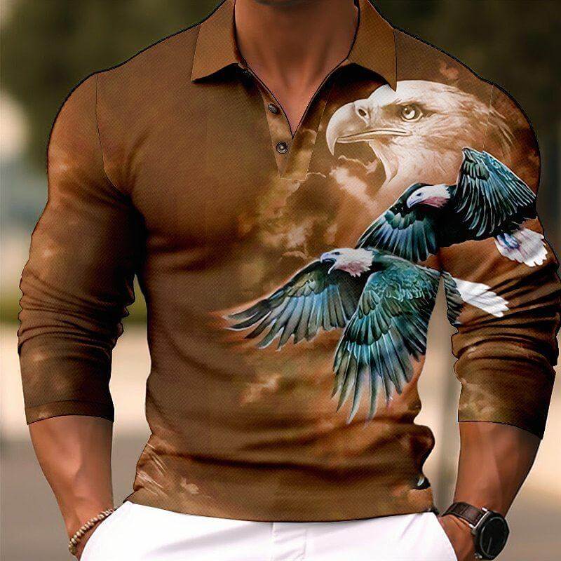 Men's Fashion Eagle 3d Printed Long Sleeve Polo Shirt 85156551YY-DESTINY