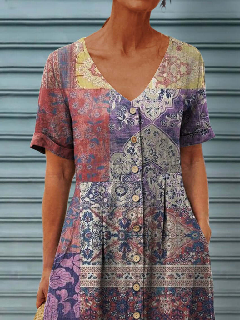 Women's Vintage Splicing Pattern Linen Pocket Tunic Dress-DESTINY