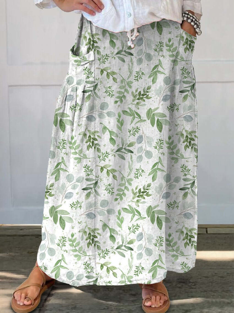 Women's Greens Fern Eucalyptus Greenery Leaf Linen Pocket Skirt-DESTINY
