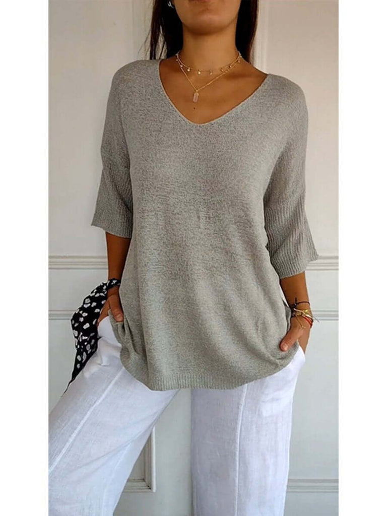 Women's Solid Color Knitted 3/4 Sleeve V-neck Top-DESTINY