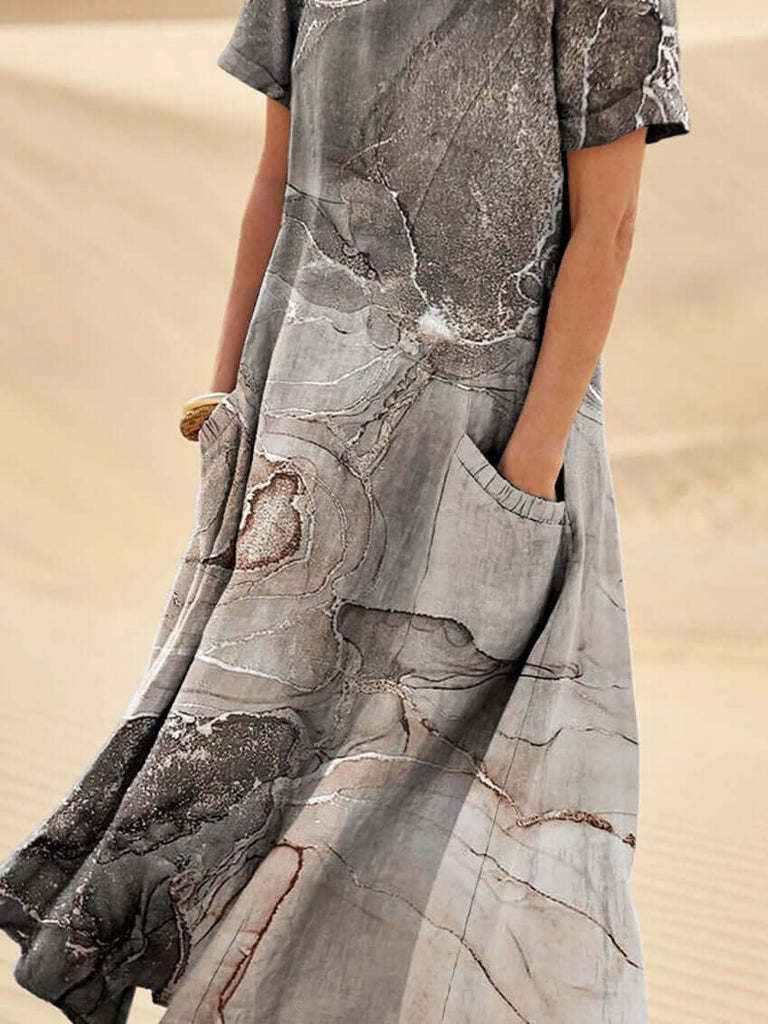 Women's Vintage Marble Texture Linen Pocket Dress-DESTINY