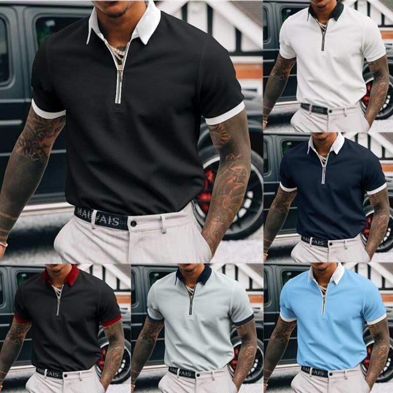 Men's Solid Color Zip Polo Shirt 08124306Z-DESTINY