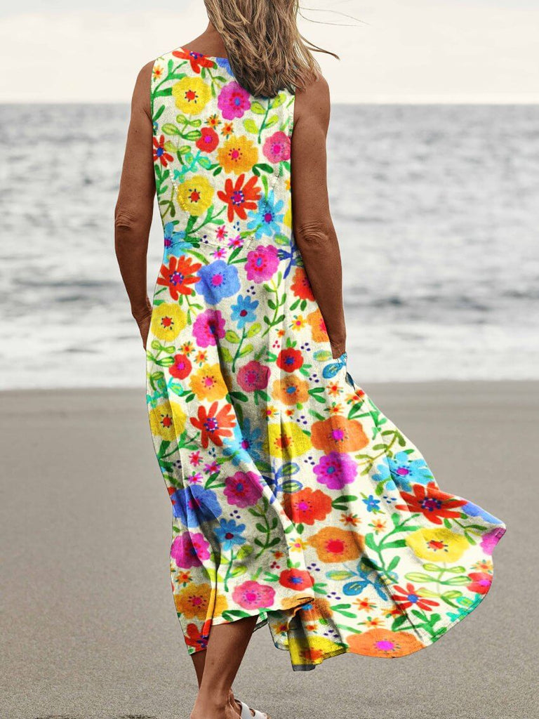 Colorful Small Flowers Print Womens Pocket Pinafore Linen Dress-DESTINY