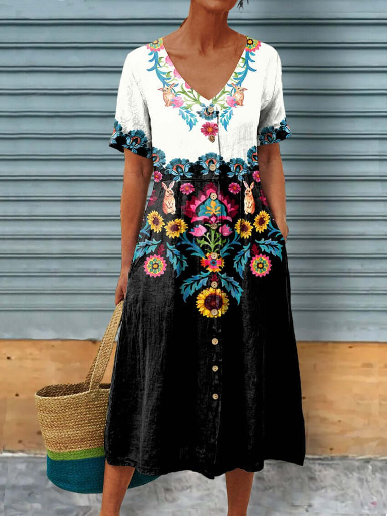 Spring Floral And Wild Bunnies Ethic Style Symmetrical Pattern Printed Women's Linen Pocket Tunic Dress-DESTINY