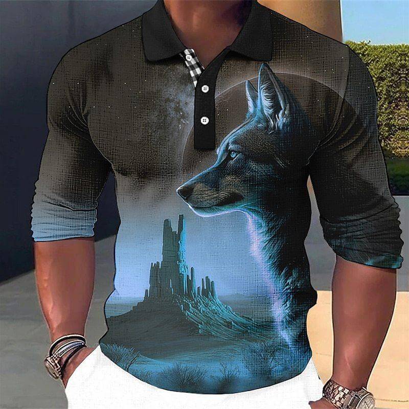 Men's Fashion Wolf 3d Printed Long Sleeve Polo Shirt 65969642YY-DESTINY