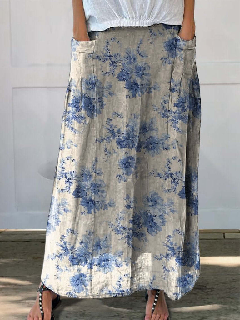 Women's Retro Elegant Floral Art Printed Linen Elastic waistband Pocket Skirt-DESTINY