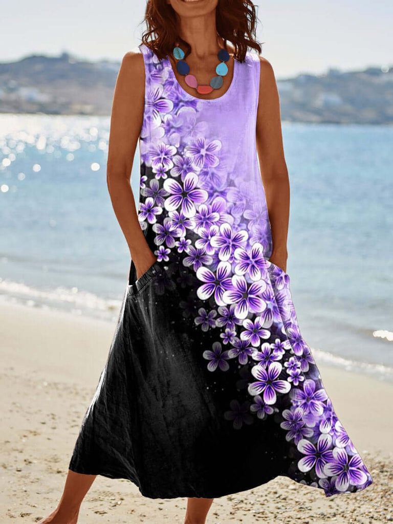 Women's Flower Art Print Casual Linen Dress-DESTINY