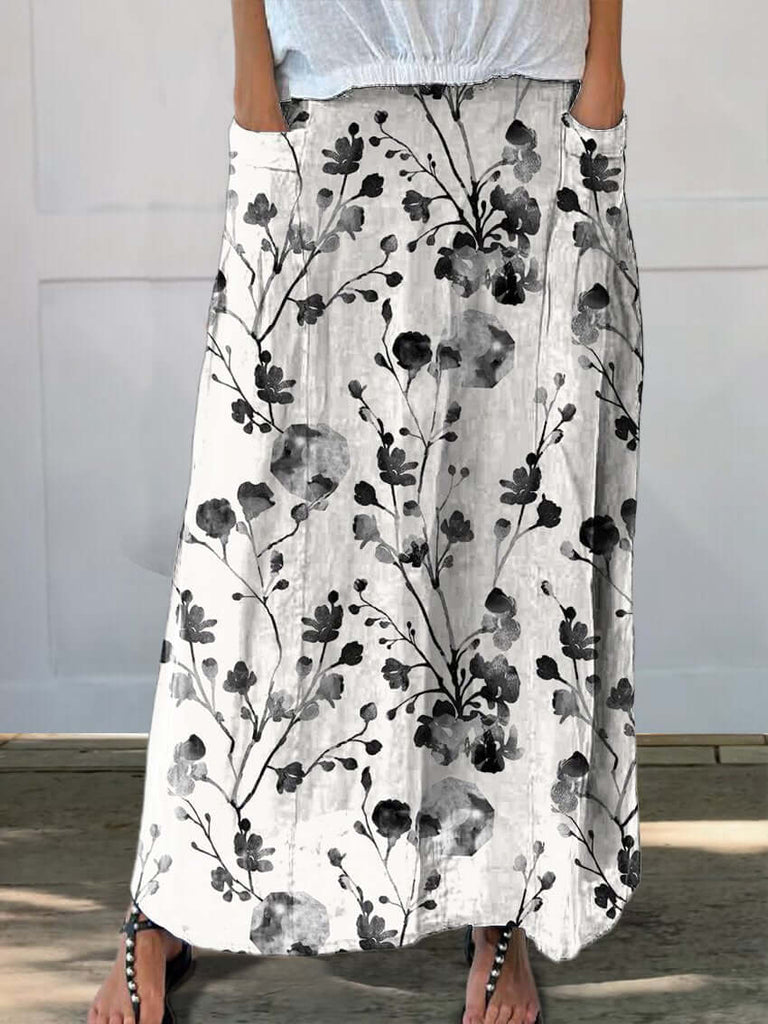 Women's Floral Flowers Casual Print Linen Pocket Skirt-DESTINY