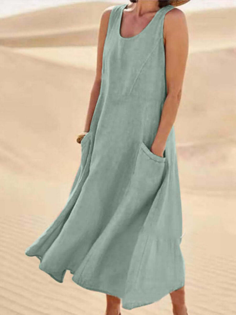 Women Sleeveless Sundress Elegant Round Neck Cotton Linen-like Solid Long Tank Casual Summer Dress-DESTINY