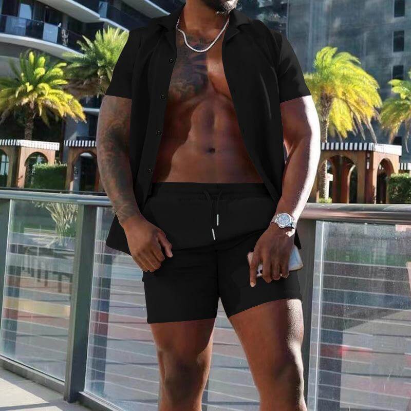Men's Summer Lapel Short-sleeved Shorts Two-piece Casual Set 78027599L-DESTINY