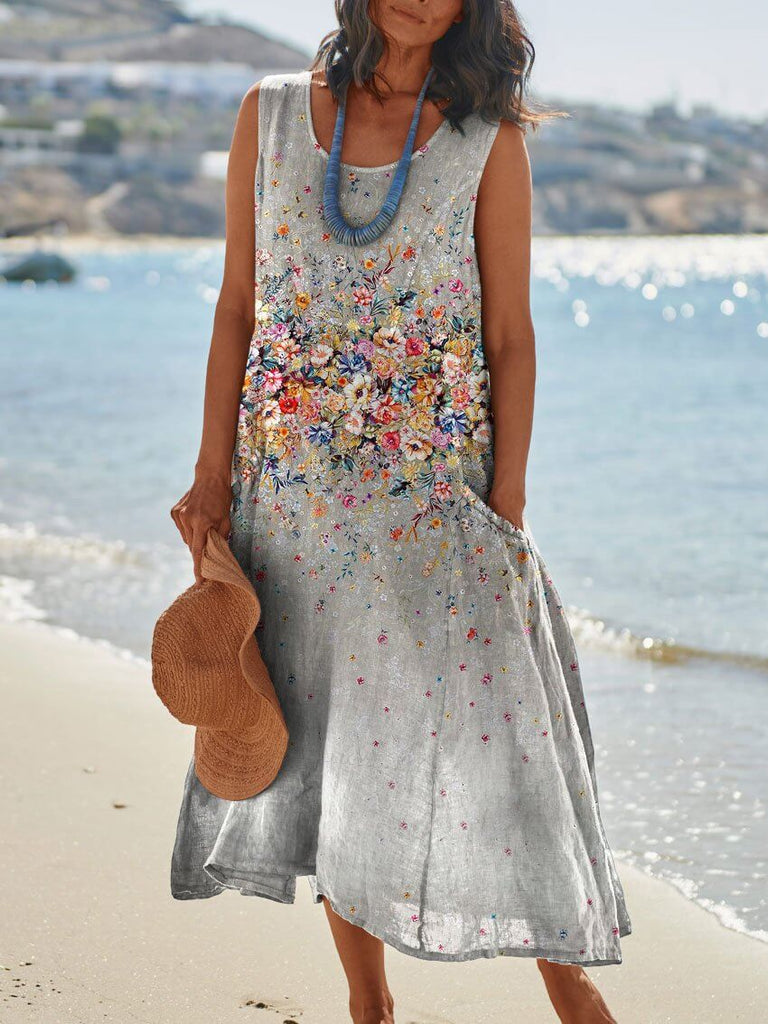 Women's Floral Print Pocket Apron Linen Dress-DESTINY