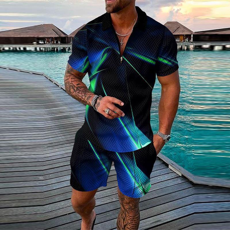 Men's 3D Printing POLO Shirt Lapel Zipper Short Sleeve + Casual Pants Set 12223148YM-DESTINY