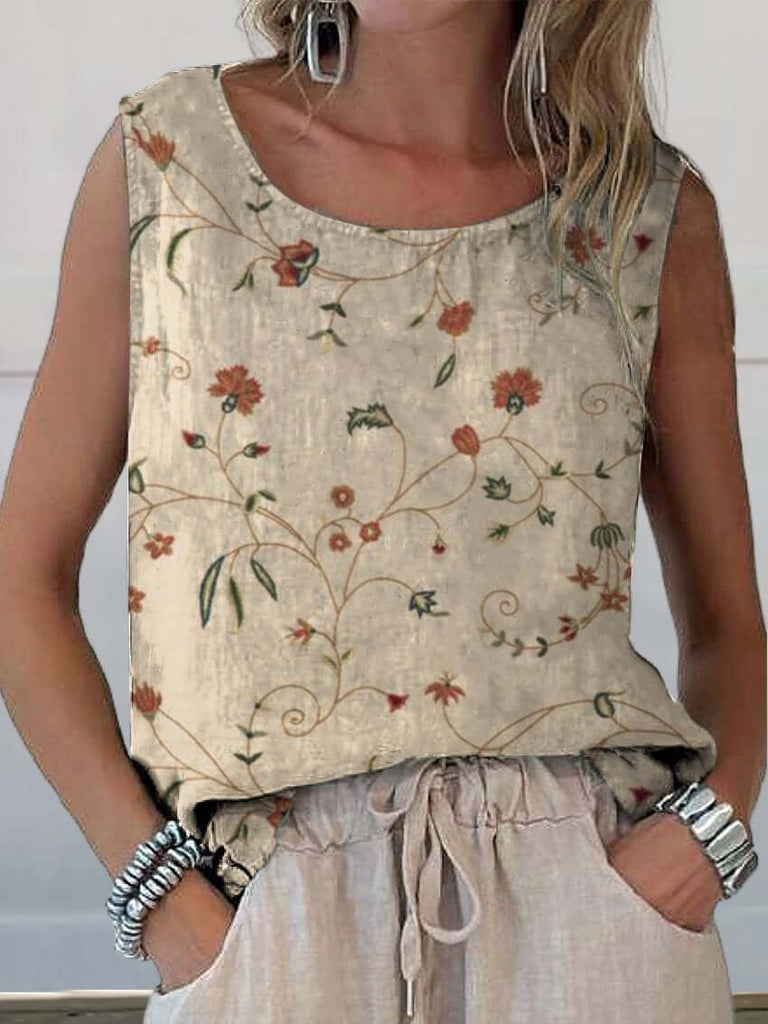 Women's Retro Floral Art Print Casual Cotton And Linen Tank Top-DESTINY