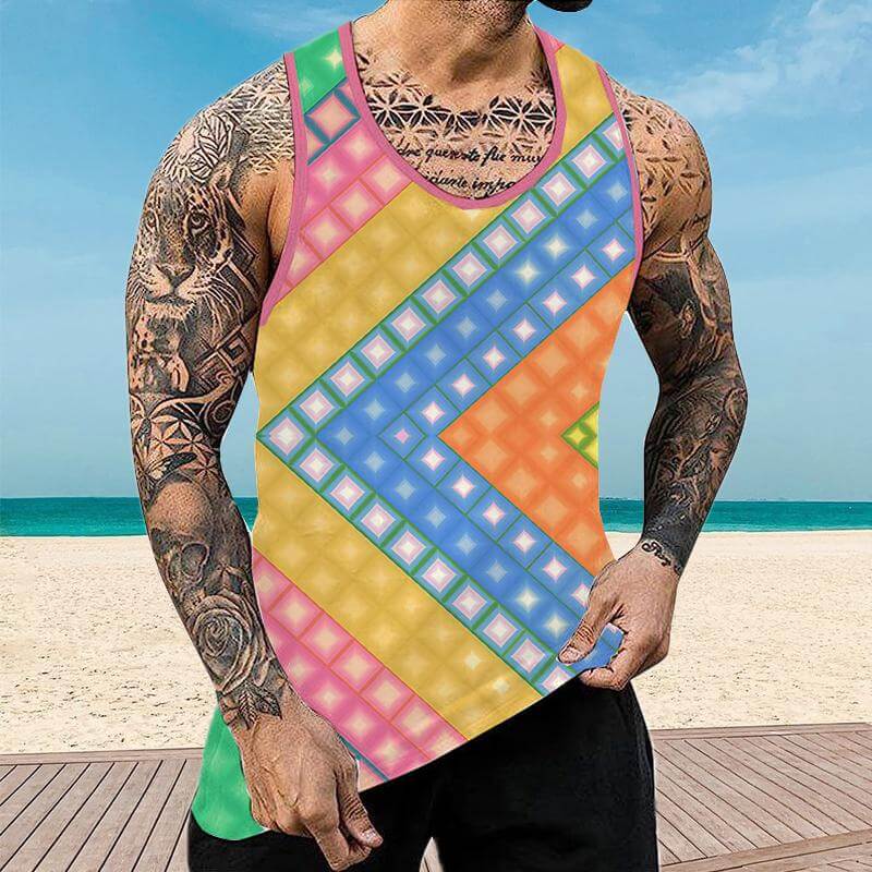 Men's Casual Colorful Square Printed Muscle Fit Tank 20451815YY-DESTINY