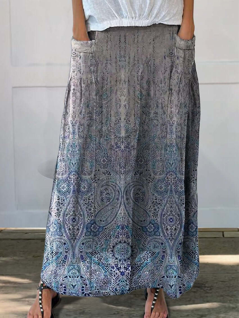 Women's Retro Elegant Ethnic Art Pattern Print Linen Pocket Skirt-DESTINY