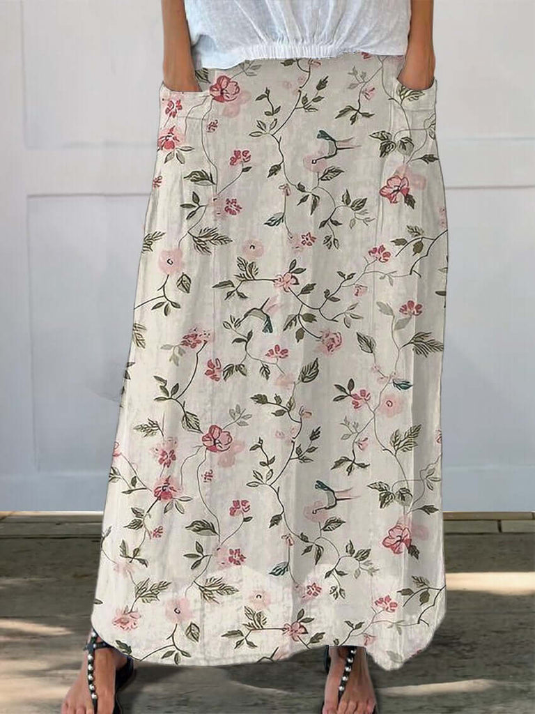 Spring Floral And Hummingbird Repeat Pattern Printed Women's Linen Pocket Skirt-DESTINY