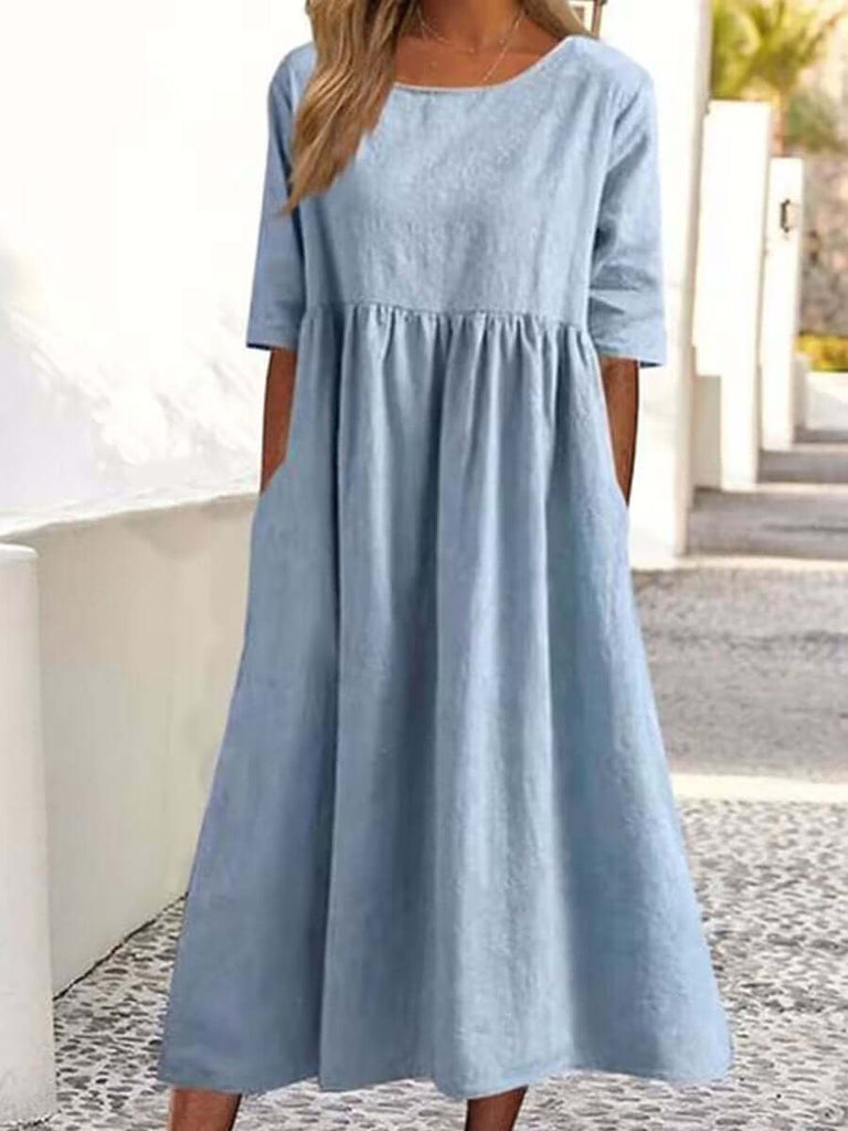 Cotton And Linen-like - Casual Short Sleeve Pocket Pleated Loose Round Neck Dress-DESTINY