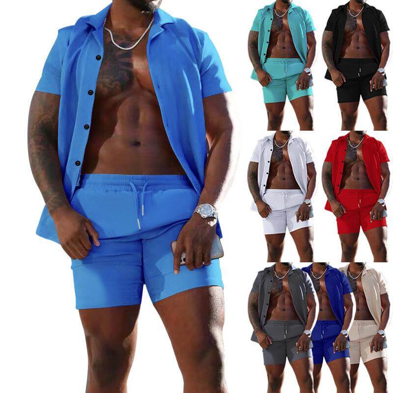 Men's Summer Lapel Short-sleeved Shorts Two-piece Casual Set 78027599L-DESTINY