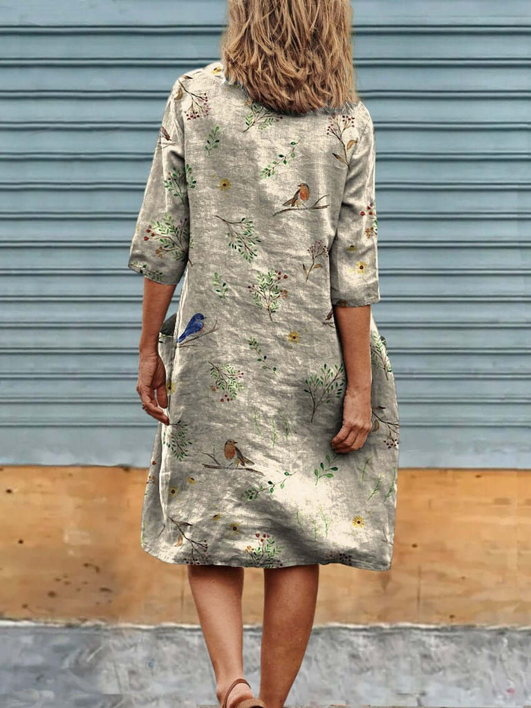Boughs And Robin Birds Pattern Printed Women's Linen Pocket Tunic Dress-DESTINY