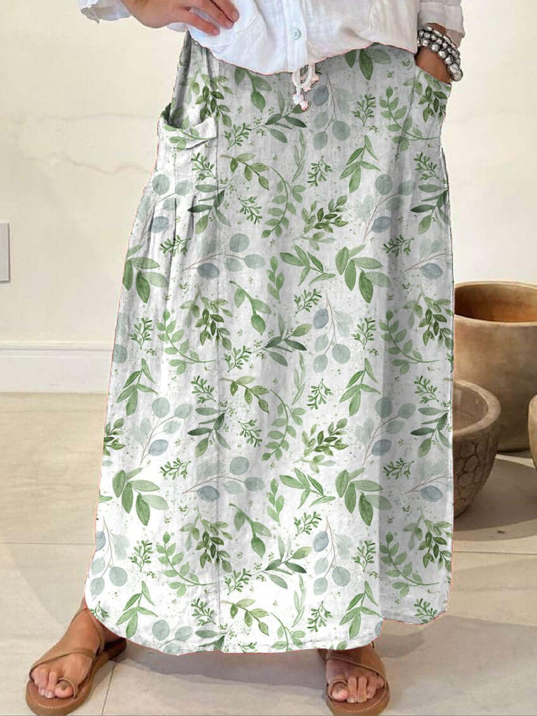 Women's Greens Fern Eucalyptus Greenery Leaf Linen Pocket Skirt-DESTINY