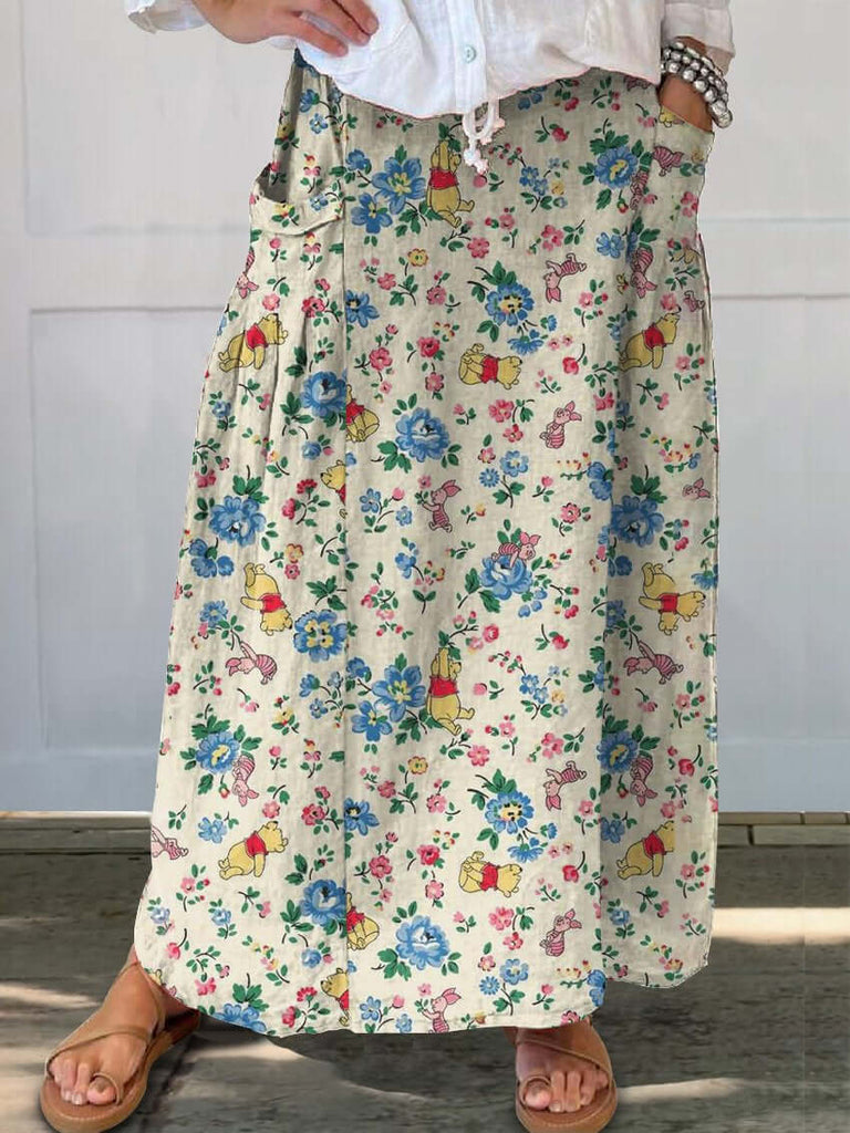 Women's Funny Bear Flower Art Print Linen Pocket Skirt-DESTINY