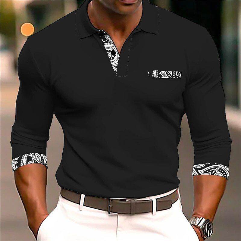 Men's Vintage Printed Knitted Polo Long Sleeve Shirt 71211335YM-DESTINY