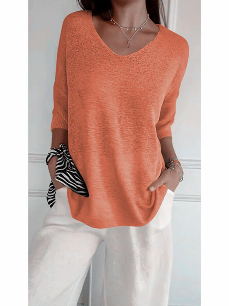 Women's Solid Color Knitted 3/4 Sleeve V-neck Top-DESTINY