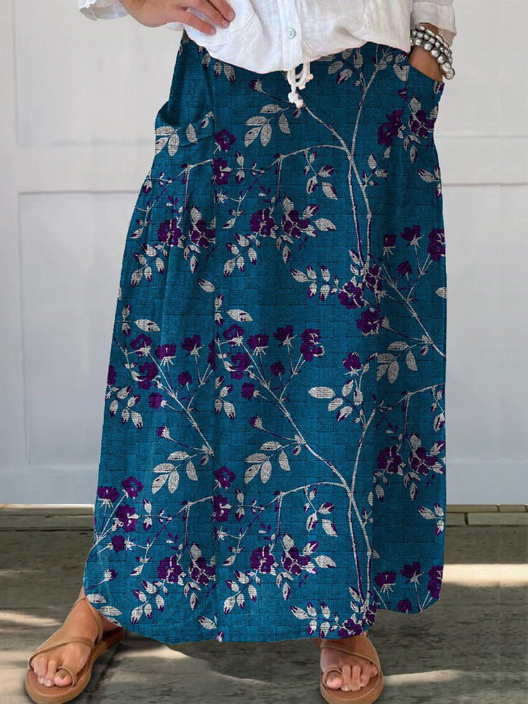 Women's Floral Art Print Linen Elastic waistband Pocket Skirt-DESTINY