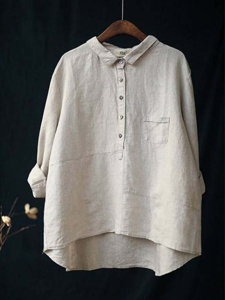 Women's Lapel Neck Casual Solid Colour Cotton And Linen Long Sleeve Shirt-DESTINY