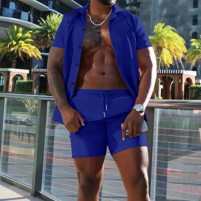 Men's Summer Lapel Short-sleeved Shorts Two-piece Casual Set 78027599L-DESTINY