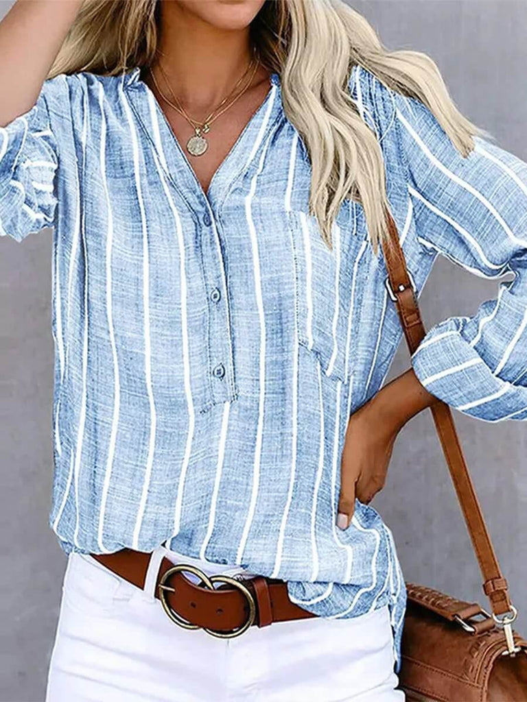 Women‘s Long Sleeve Blouse Ladies Fashion V-Neck Stripe Shirt-DESTINY