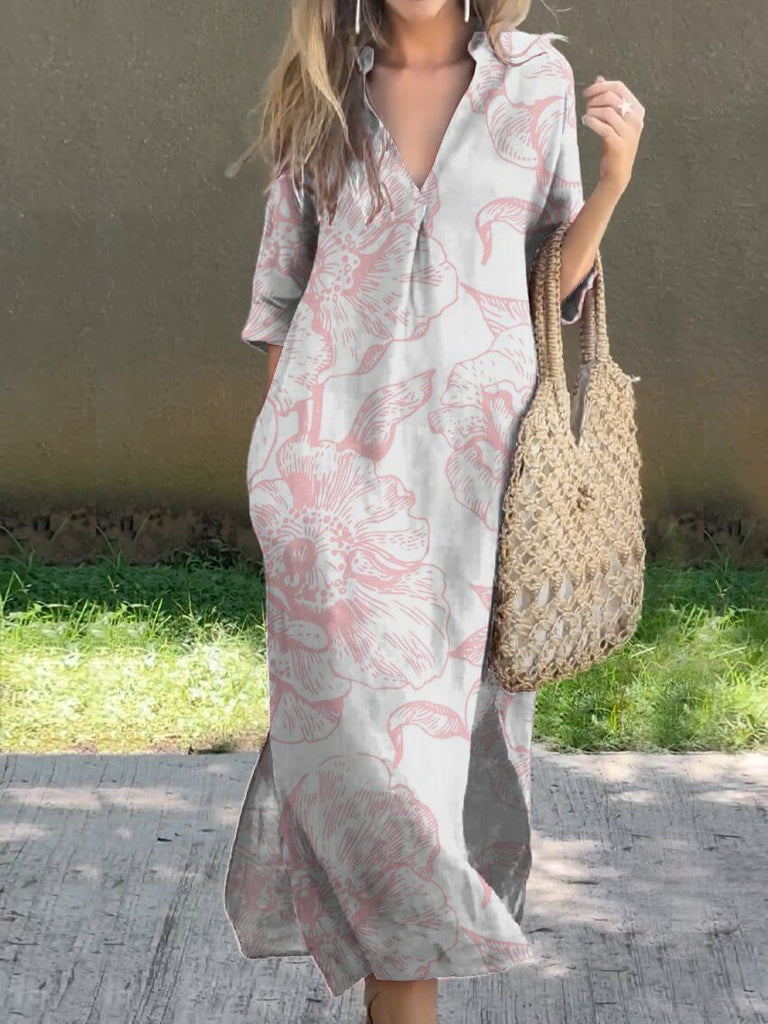 Fresh and Elegant Pink Floral Print Women's V-Neck Linen Pocket Dress-DESTINY