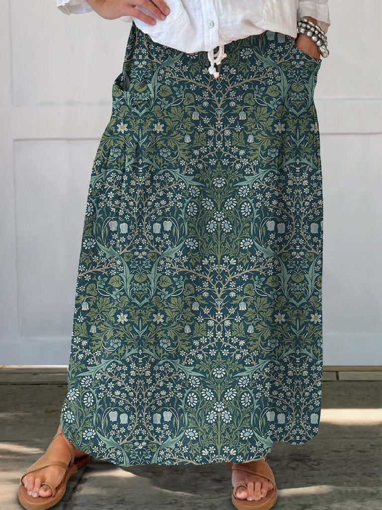 Women's Green Floral Linen Pocket Skirt-DESTINY