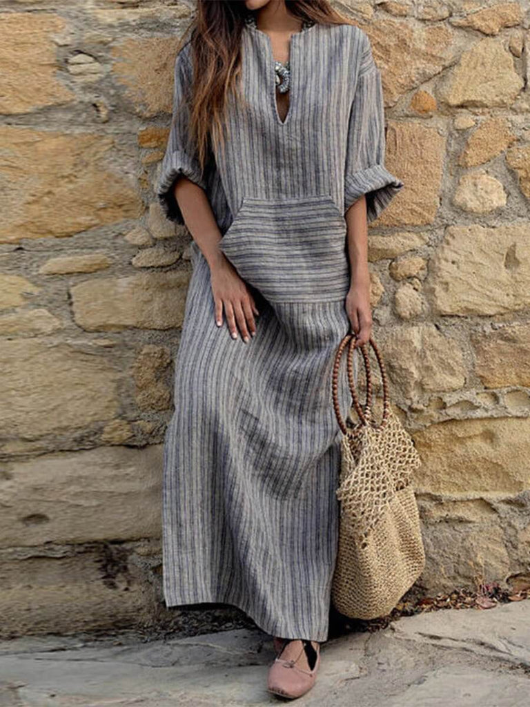 Cosy Cotton and Linen Striped Loose Maxi Dress-DESTINY