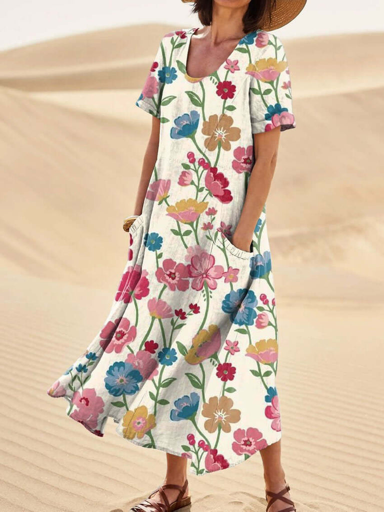 Women's Elegant Flowers Art Print Casual Linen Pocket Dress-DESTINY