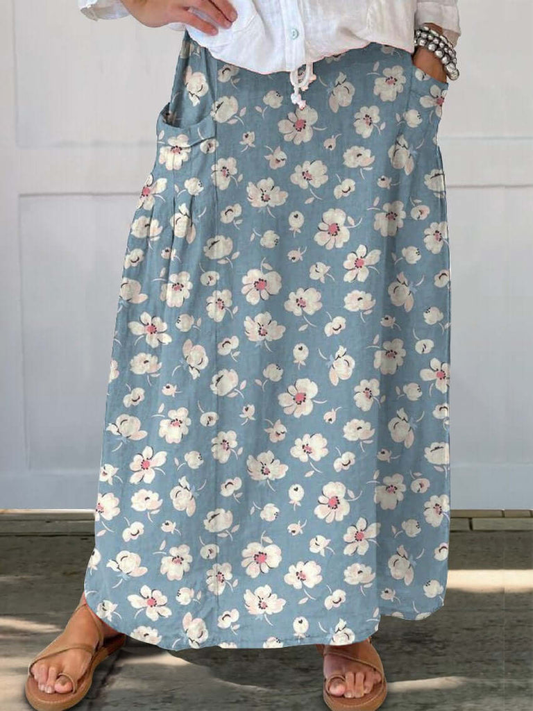 Ditsy White Floral Repeat Pattern Printed Women's Linen Pocket Skirt-DESTINY
