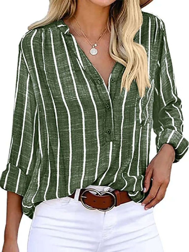 Women‘s Long Sleeve Blouse Ladies Fashion V-Neck Stripe Shirt-DESTINY